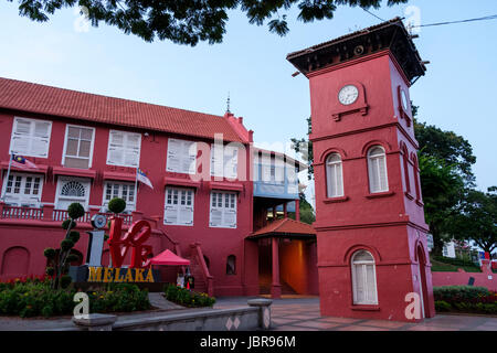 Tan Beng Swee Clock Tower and Stadthuys (left, old Dutch Town Hall) in Dutch Square, Malacca, Malaysia. Stock Photo