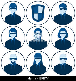 Men and women of the security agents occupation. Set of flat avatars for the security agency. Stock Photo