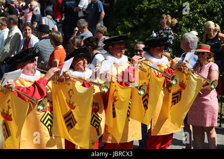Mons, Belgium. 11th June, 2017. People take part in the Doudou festival held in Mons, Belgium, June 11, 2017. The Doudou Festival was recognized in 2005 by UNESCO as one of the masterpieces of the Oral and Intangible Heritage of Humanity. Credit: Gong Bing/Xinhua/Alamy Live News Stock Photo