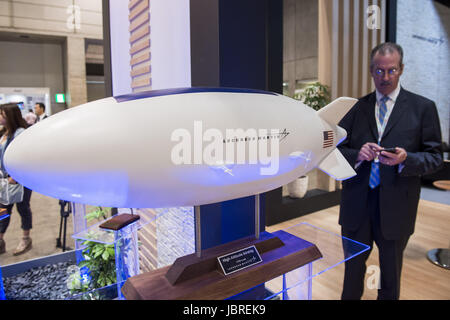 Chiba, Chiba, Japan. 12th June, 2017. A model of High Altitude Airship is an unmanned, untethered, lighter-than-air vehicle operating autonomously in the stratosphere for sustained, ultra long endurance missions as a stable, geostationary platform suitable for intelligence, surveillance, and reconnaissance (ISR) and communications, manufactured by Lockheed Martin at the MAST Asia 2017 (Maritime Security between Asia-Pacific, Europe, and Americas) defense exhibition and conference in Chiba, Japan. According to its organisers, the biennial high technology defence industry fair, designed for the Stock Photo