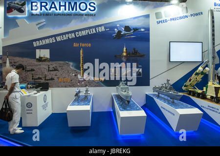 Chiba, Chiba, Japan. 12th June, 2017. Japanese military observes the BrahMos is a short-range ramjet supersonic cruise missile that can be launched from submarine, ships, aircraft, or land. It is a joint venture between the Russian Federation's NPO Mashinostroeyenia and India's Defense Research and Development Organization (DRDO), who have formed BrahMos Aerospace. at the MAST Asia 2017 (Maritime Security between Asia-Pacific, Europe, and Americas) defense exhibition and conference in Chiba, Japan. According to its organisers, the biennial high technology defence industry fair, designed for t Stock Photo