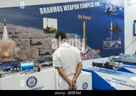 Chiba, Chiba, Japan. 12th June, 2017. Japanese military observes the BrahMos is a short-range ramjet supersonic cruise missile that can be launched from submarine, ships, aircraft, or land. It is a joint venture between the Russian Federation's NPO Mashinostroeyenia and India's Defense Research and Development Organization (DRDO), who have formed BrahMos Aerospace. at the MAST Asia 2017 (Maritime Security between Asia-Pacific, Europe, and Americas) defense exhibition and conference in Chiba, Japan. According to its organisers, the biennial high technology defence industry fair, designed for t Stock Photo