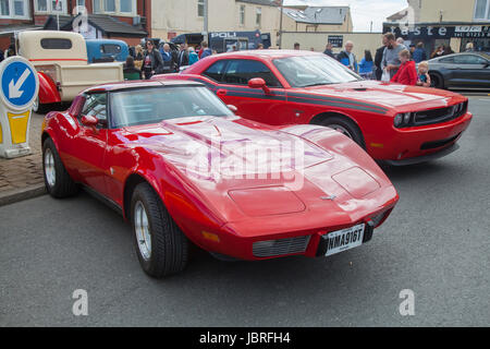 1979 70s seventies Red Chevrolet Cleveleys, UK. 11th June, 2017. The Cleveleys Car Show is a yearly event which is staged along Victoria Road West and the Sea front Promenade in Cleveleys Town Centre. Credit: MediaWorldImages/Alamy Live News Stock Photo
