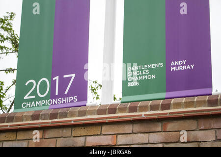 London UK. 12th June 2017. With 3 weeks until the start of the 2017 Wimbledon Tennis championships, a roll of honour is displayed outside the gates of the AELTC with the names of the 2016 Gentlemen and Ladies Singles champions, Andy Murray and Serena Williams Credit: amer ghazzal/Alamy Live News Stock Photo