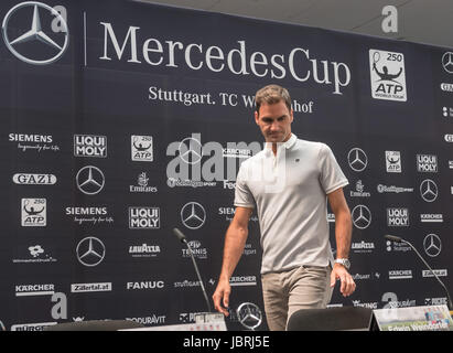 Stuttgart, Germany. 12th June, 2017. The professional tennis player Roger Federer from Switzerland arrives for a press conference at the ATP Mercedes Cup in Stuttgart, Germany, 12 June 2017. Photo: Daniel Maurer/dpa/Alamy Live News Stock Photo