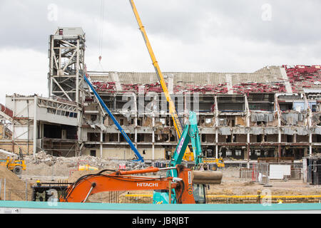London, UK. 12th June, 2017. Demolition of the West Stand continues at the Boleyn Ground, West Ham United's former stadium in Upton Park. The Boleyn Ground is being demolished as part of preparations for Barratt's Upton Gardens development and the West Stand is the only remaining stand. Credit: Mark Kerrison/Alamy Live News Stock Photo