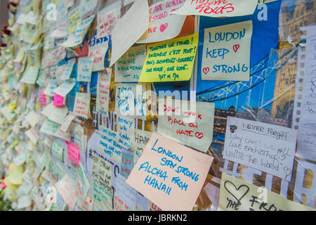 London, UK. 12th June, 2017. Flowers and messages of remembrance are constantly added to at the London Bridge site of the attack last week. London, 12 Jun 2017 Credit: Guy Bell/Alamy Live News Stock Photo