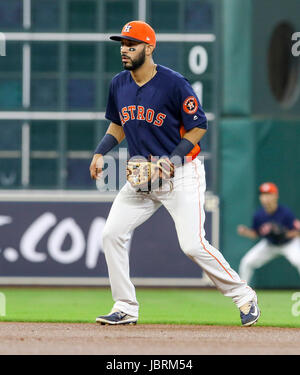 Houston, TX, USA. 11th June, 2017. Houston Astros shortstop Marwin Gonzalez (9) during the MLB game between the Los Angeles Angels and the Houston Astros at Minute Maid Park in Houston, TX. John Glaser/CSM/Alamy Live News