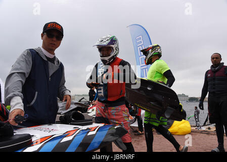 St. Petersburg, Russia. 10th June, 2017. Russia, St. Petersburg, on June 10, 2017. For the first time in Russia, in the water area of the Neva River, there has taken place the race ''JetSurf'' - stage of world cup ''MotoSurf WorldCup St. Petersburg 2017' Credit: Andrey Pronin/ZUMA Wire/Alamy Live News Stock Photo