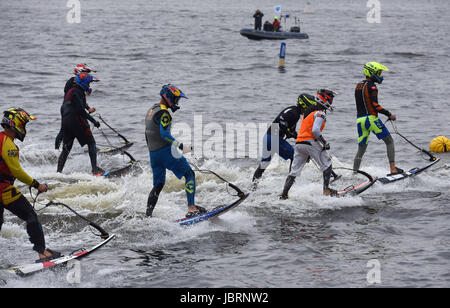St. Petersburg, Russia. 10th June, 2017. Russia, St. Petersburg, on June 10, 2017. For the first time in Russia, in the water area of the Neva River, there has taken place the race ''JetSurf'' - stage of world cup ''MotoSurf WorldCup St. Petersburg 2017' Credit: Andrey Pronin/ZUMA Wire/Alamy Live News Stock Photo