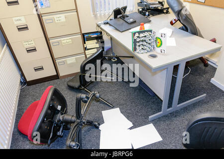 Belfast, Northern Ireland. 12 Jun 2017 - Acting on intelligence received, the PSNI raided offices use by IRPWA, Saoradh, and other Irish Republican groups.  Nothing was discovered or taken away, but considerable damage had been caused to floor and equipment as a result. Stock Photo