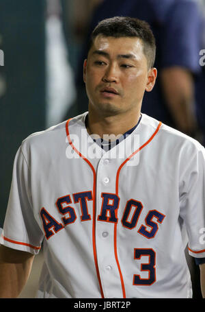 Houston, TX, USA. 12th June, 2017. Houston Astros left fielder Norichika Aoki (3) in the dugout prior to the start of of the MLB game between the Texas Rangers and the Houston Astros at Minute Maid Park in Houston, TX. John Glaser/CSM/Alamy Live News Stock Photo