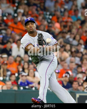Houston, TX, USA. 12th June, 2017. Texas Rangers third baseman Adrian Beltre (29) makes a throw to first base in the first inning during the MLB game between the Texas Rangers and the Houston Astros at Minute Maid Park in Houston, TX. John Glaser/CSM/Alamy Live News Stock Photo