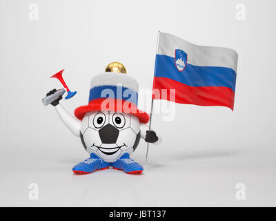 A cute and funny soccer character holding the national flag of Slovenia and a horn dressed in the colors of Slovenia on bright background supporting his team Stock Photo