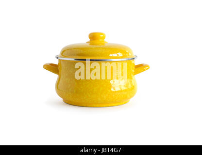 New yellow saucepan on white background. Clipping path is included Stock Photo