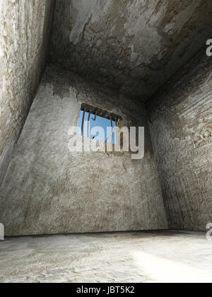 Prison cell with broken prison bars on the window. 3D illustration. Stock Photo