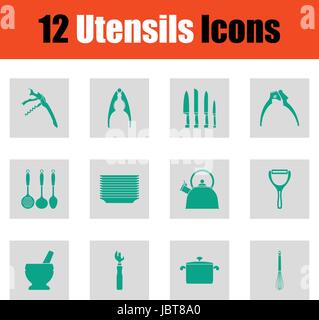 Utensils icon set. Green on gray design. Vector illustration. Stock Vector