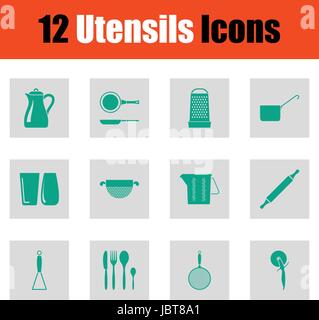 Utensils icon set. Green on gray design. Vector illustration. Stock Vector