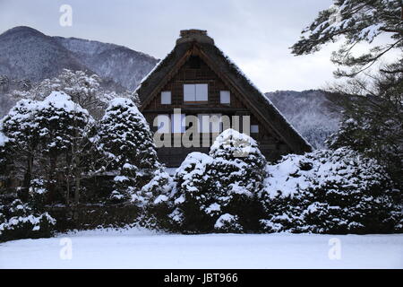 A large Gassho Zukuri farmhouse in Shirakawa-go, Gifu Prefecture, Japan. Stock Photo