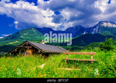 cabin and mountains Stock Photo