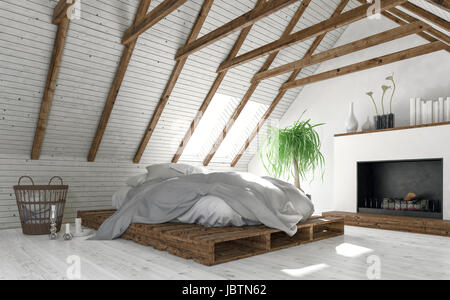 Modern Attic Bedroom Design 3d Rendering Interior Concept