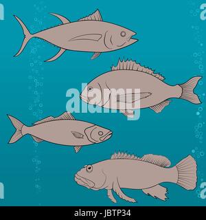 fish icons set. Outline illustration Stock Vector