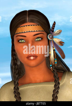 3D digital render of a beautiful native American young woman on a blue sky background Stock Photo