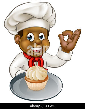 Black chef or baker cartoon character holding a plate with a frosted cupcake or fairy cake on it Stock Photo