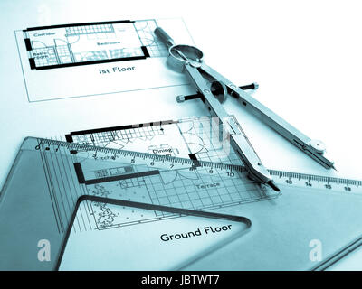 Technical architectural CAD drawing picture - cool cyanotype Stock Photo