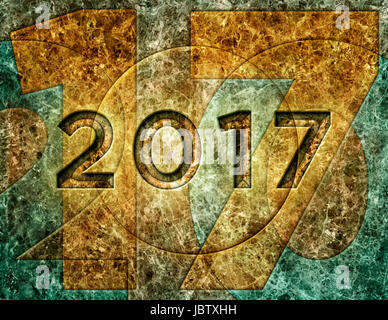 Digital illustration of the year 2017 on a marble wall. Stock Photo