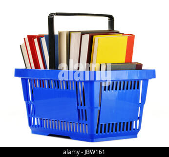 Plastic shopping basket with books isolated on white Stock Photo