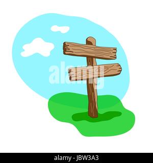 Cartoon style  vector wooden sign standing in grass. Two arrow shapes blank signpost Stock Vector