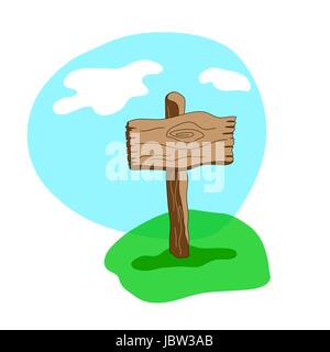 Cartoon style vector square shape wooden sign standing in grass on the blue sky background. Stock Vector