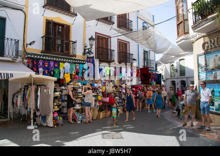 Shops and shoppers on Calle Pintada, Nerja, Andalusia, Spain, Costa ...