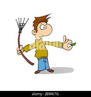 Cartoon Janitor sweeping the fallen leaves illustration Stock Vector