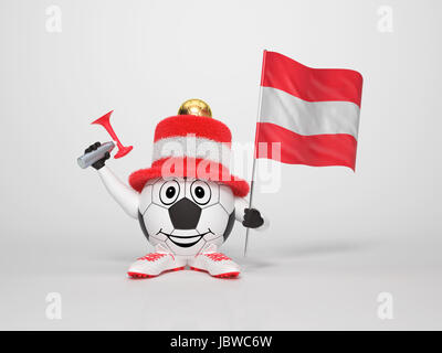 A cute and funny soccer character holding the national flag of Austria and a horn dressed in the colors of Austria on bright background supporting his team Stock Photo