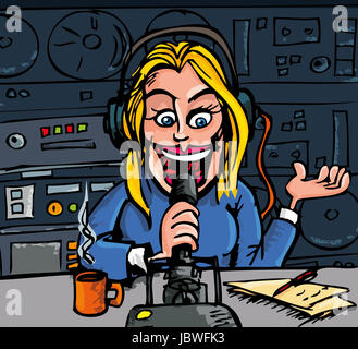 Cartoon female talk radio dj on the air in a studio Stock Photo