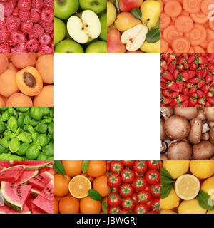 Collage mit Früchten, Gemüse, Kräuter und Obst wie Orangen, Äpfel und Erdbeeren Stock Photo