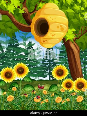 Scene with beehive on the tree illustration Stock Vector