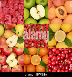 Collage mit Früchten wie Apfel, Orange, Kirschen und Zitrone Stock Photo