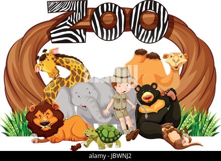 Zookeeper and wild animals at zoo entrance illustration Stock Vector