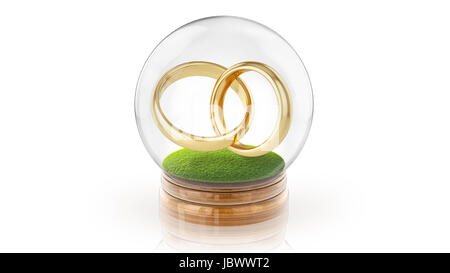 Transparent sphere glass ball with golden marriage rings on the grass inside. 3D rendering. Stock Photo