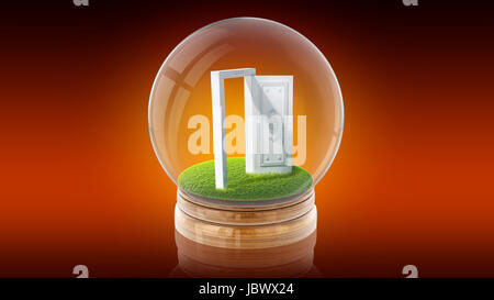Transparent sphere glass ball with white open door inside. 3D rendering. Stock Photo