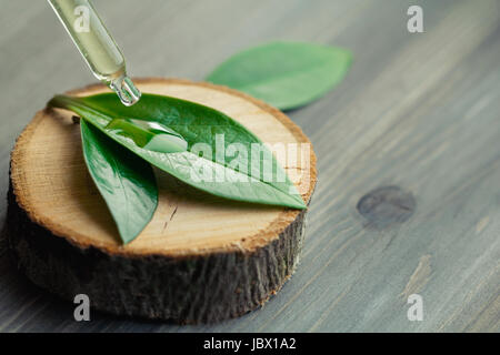 Close-up of cosmetic oil dripping from a pipette on a green leaf on a wooden cut. Stock Photo