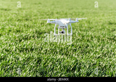 quadcopter outdoors, aerial imagery and recreation concept - low flying white drone with four propellers and build-in digital camera at background of summer grass field, quadrocopter on takeoff. Stock Photo