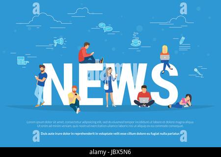 Online breaking news concept vector illustration. Young men and women are standing near big letters and using their own smart phones for reading news. Stock Vector