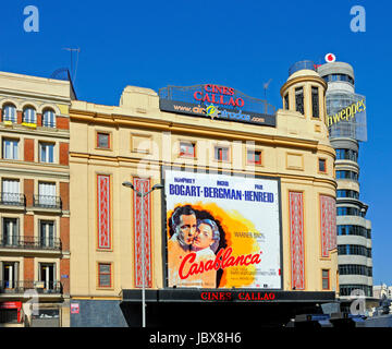 Madrid, Spain. Gran Via / Plaza de Callao. Callao Cinema (showing Casablanca) and Carrion building (right) Stock Photo