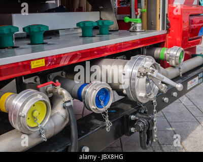 ALMERE, NETHERLANDS - 12 APRIL 2014: Valves of a modern Dutch fire engine on display during the first National Security Day held in the city of Almere Stock Photo