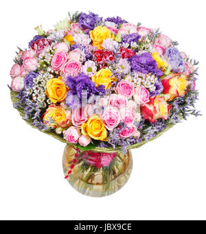 bouquet of flowers from roses and chrysanthemums in glass vase isolated on white background Stock Photo