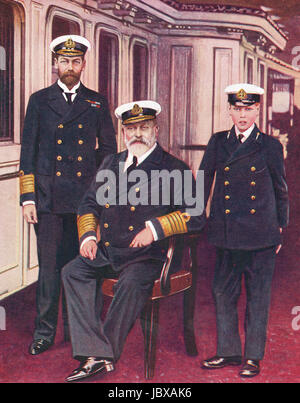 The Royal family Three generations of sailors.  King Edward VII, Prince George, later King George V, Prince Edward, later King Edward VIII who abdicated & became Duke of Windsor, on board HM Yacht Victoria and Albert in 1908 Stock Photo